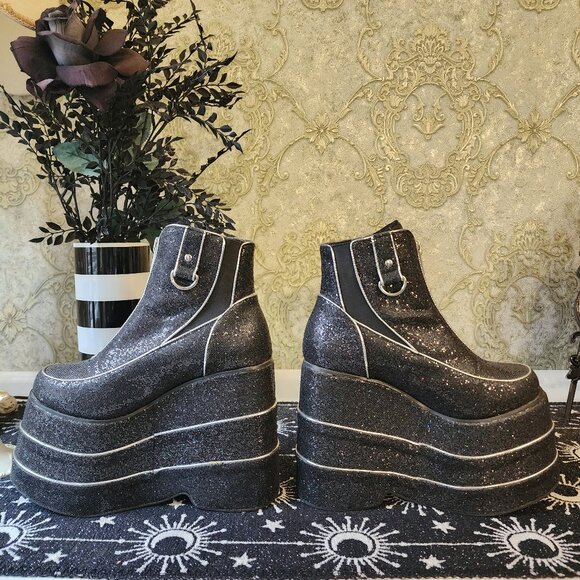 Rare Glam Dolls Kill Club Exx Platform Black Glitter Zipper Glitter Boots Sz 7 - Picture 3 of 7